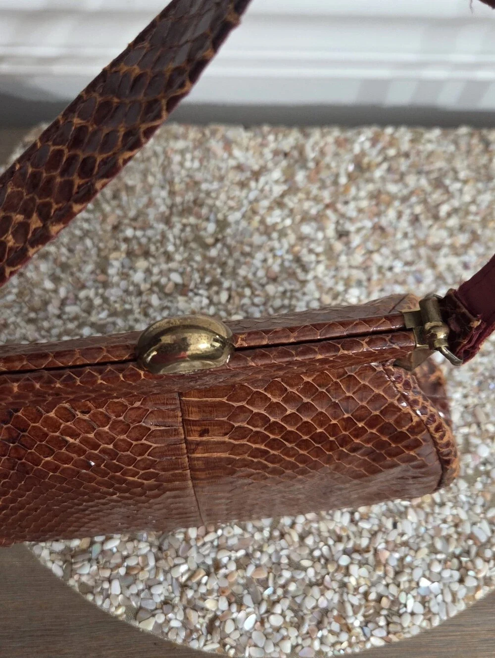 Vintage Genuine Snakeskin Handbag Brown Python Leather Framed Purse Clasp Close